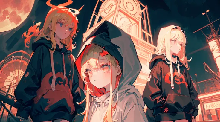 (3 girls, a girl wearing a hood, blonde hair, big black hoodie, hands on hoodie, bare legs), (abandoned amusement park, late night, red moon), (low contrast, flat color, limited palette)