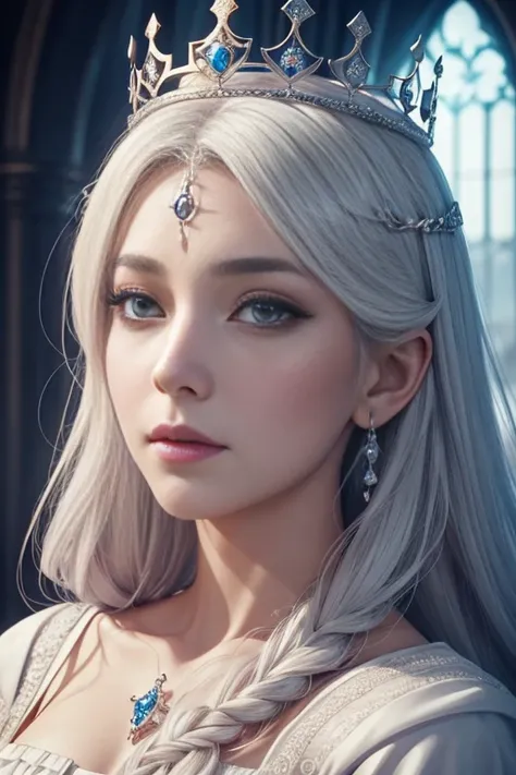 There is a woman in a white dress with a crown on her head, a beautiful fantasy queen, ((beautiful fantasy queen)), a portrait of a princess, a work of art in the Guvez style. 5D CGI anime fantasy artwork, 8K high quality detail art