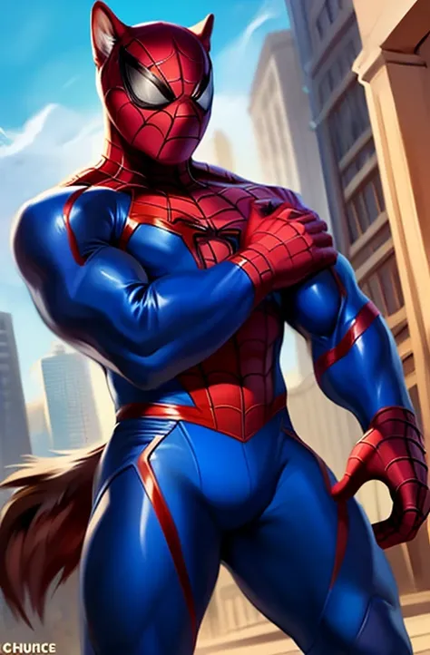 a buff brown wolf, wearing a red and blue bodysuit spiderman costume spandex, holding his spiderman mask on his hands, by chunie