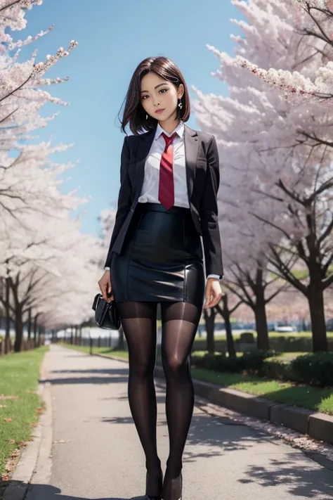 masterpiece, best quality,4girl,young girl, plum_pie eyes, brown, choppy bob,envious _face,shiny skin,medium breasts,nice leg line:1.3,thick thighs, thin waist,school uniform, thighhighs,necktie,((pencil skirt)),red color high heels,   pantyhose, , Pathway...