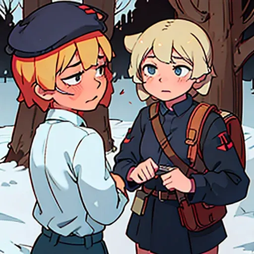 1young short girl, blonde short hair, finnish ww2 uniform, finnish ww2 cap, webbing, finnish kp31 gun on back, winter forrest