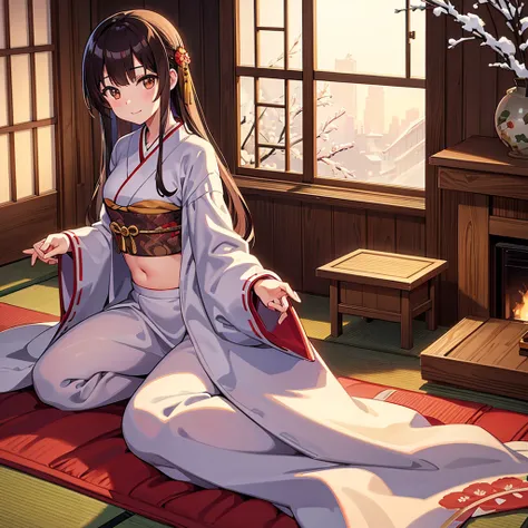 High-quality, High-resolution, Anime, Warm main color, Overhead camera angle, Exposing only the belly and navel, Facing forward, Beautiful woman, Warm indirect lighting, New Years preparation tools, Unknown nationality, Seated in a traditional room, Calm s...