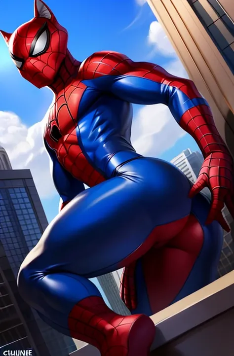 4k resolution a brown wolf wearing red and blue bodysuit , unmasked, showing his wolf face underneath the spider-man mask, Spiderman spandex costume, presenting his butt to viewer, by chunie, top of a building rooftop