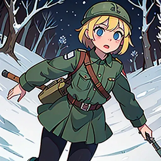 Young short finnish girl, blonde short hair, finnish ww2 uniform, finnish ww2 helmet, webbing, ww2 rifle gun gun on back, winter forrest snowing