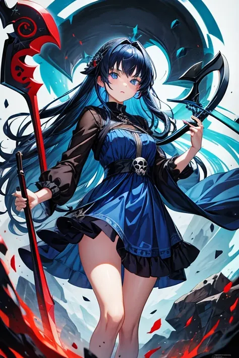 1girl, 18 years old, long dark blue hair, blue eyes, holding a scythe, red short long dress, princess death, skull hair clip, serious.