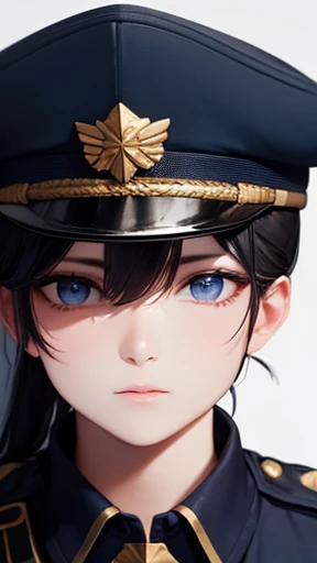 Dark blue Military Uniform, Black Hair, Breast, Military Cap
a close up of a blue and white flag with a sun