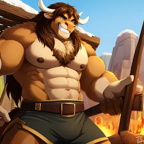 tauren，Burly，grin，The king，huge weapon，Detailed character details