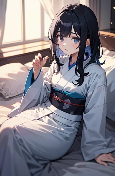 A purplish-black haired, blue-black eyed girl wearing a white kimono lying on the bed.