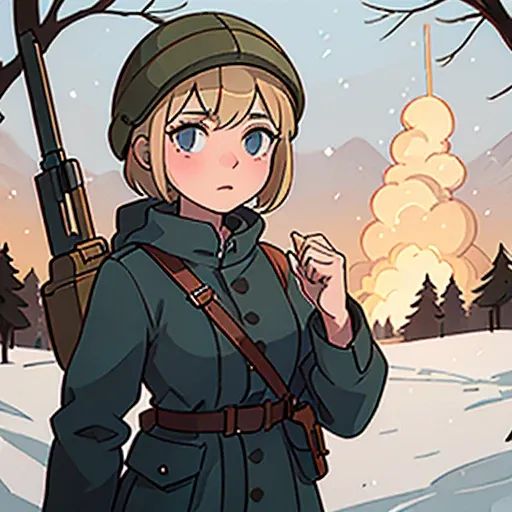 Young short finnish girl, blonde short hair, finnish world war 2 uniform, finnish world war 2 helmet, webbing, world war 2 rifle gun gun on back, winter forrest snowing