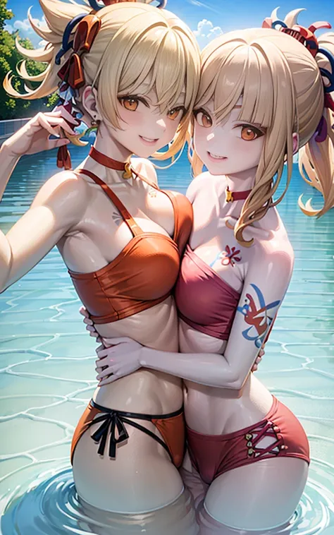 Two girls smiling in the water in the bathtub，No teeth exposed. Female twins， vivd colour，natural  lightting, Best quality, Chest to chest, hugging eachother, sunny masterpiece, Navel Exposed, The face is red, Orange swimsuits holding each other&#39; , Ful...