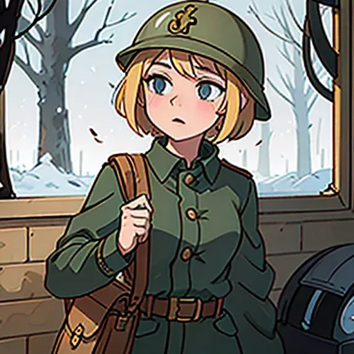 Young short girl, blonde short hair, world war 2 germen uniform, world war 2 germen helmet, webbing, world war 2 rifle gun gun on back, winter forrest snowing