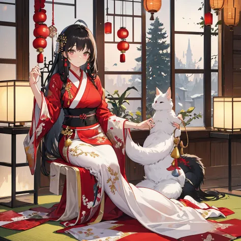 High-quality, High-resolution, Anime, Warm main color, Overhead camera angle, Exposing only the belly and navel, Facing forward, Beautiful woman, Warm indirect lighting, New Years preparation tools, Unknown nationality, Seated in a traditional room, Calm s...