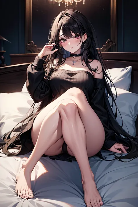 a large amount of fluid is overflowing，（straight black hair、Forehead、Center Part）：1.3，beatiful detailed eyes，Perfect proportions，bright black eyes，Light makeup，choker necklace，ear jewelry，Pink and moist lips，sexy beauty in one room，On a gorgeous bed，Sexy B...