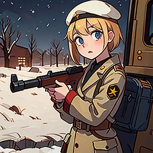 Young short girl, blonde short hair, world war 2 germen uniform, world war 2 germen cap, webbing, world war 2 rifle gun gun on back, winter forrest snowing