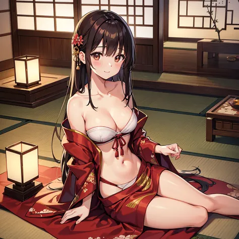 High-quality, High-resolution, Anime, Warm main color, Overhead camera angle, Exposing only the belly and navel, Facing forward, Beautiful woman, Warm indirect lighting, New Years preparation tools, Unknown nationality, Seated in a traditional room, Calm s...