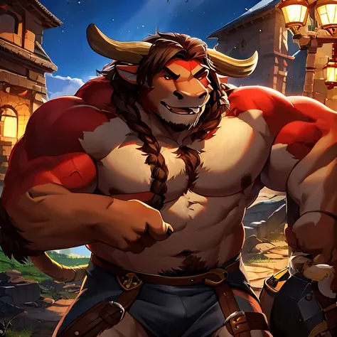 tauren，Burly，laughingly，combats，red colour，warriors，Detailed character details