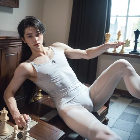 (masterpiece, best quality, 4k, photo, beautiful eyes, male ballet tights, male crotch bulge, ballet style, looking at viewer:1.35), (androgynous male, chess ballet, checkmate, white king is loser and about to be castrated, groin pain, you played white, he...