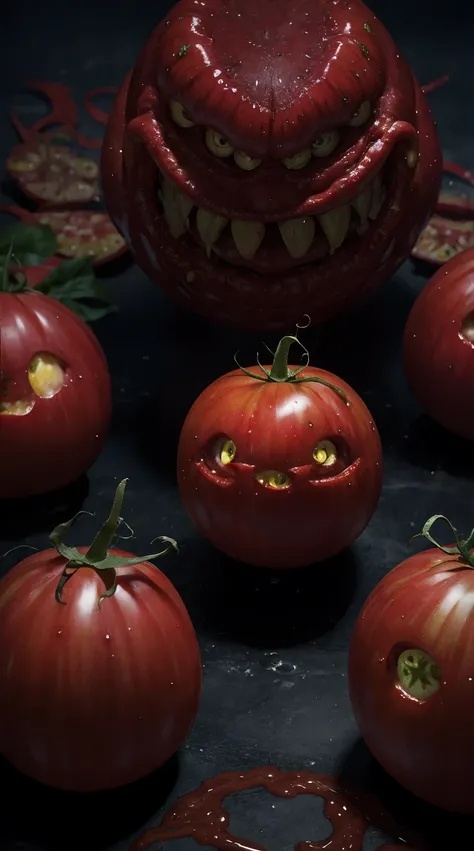 tomato monster、terrifying,best quality, masterpiece,ultra-detailed