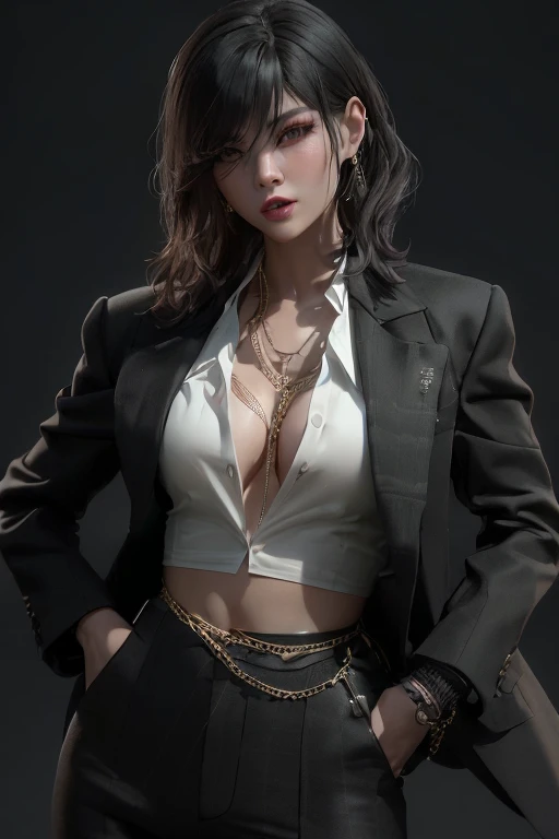 there is a woman in a black suit and a white shirt, by Russell Dongjun Lu, girl in suit, inspired by Yanjun Cheng, girl in a suit, 3 d render character art 8 k, cyberpunk 2 0 y. o model girl, seductive tifa lockhart portrait, by Yang J, 2b, 2 b, by Yanjun ...