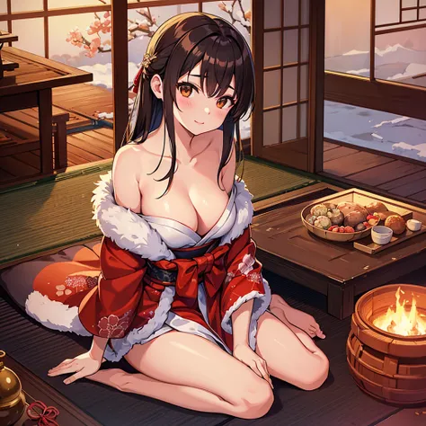 hightquality, hight resolution, Authentic anime sketch style, warm main color, Overhead Camera Angle, Exposing only the stomach and navel, Facing forward, a Beautuful Woman, warm indirect lighting, New Years furisode kimono, japanes, sitting in a tradition...