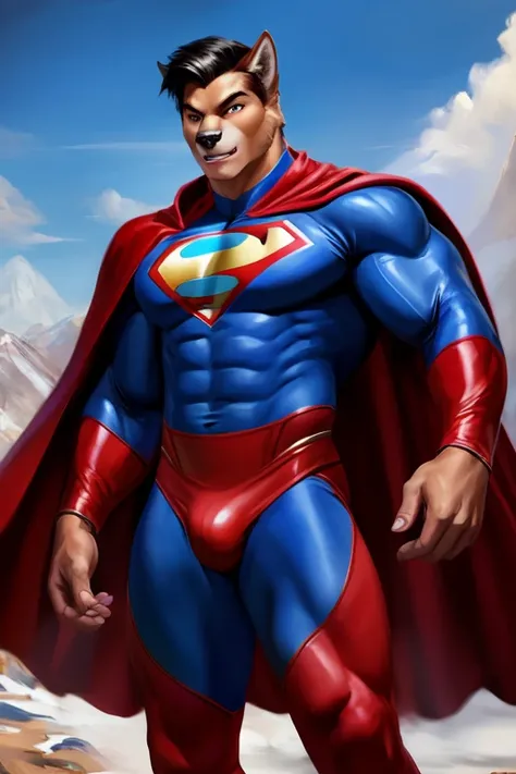 ((best quality)), ((masterpiece)), (detailed), a brown wolf, solo, muscular, wearing blue bodysuit, supermen spandex costume, red cape, red speedo, red boots, by chunie