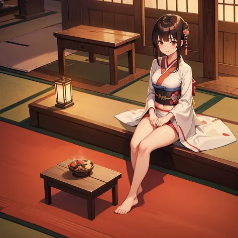 hightquality, hight resolution, Authentic anime sketch style, warm main color, Overhead Camera Angle, Exposing only the stomach and navel, Facing forward, a Beautuful Woman, warm indirect lighting, New Years furisode kimono, japanes, sitting in a tradition...