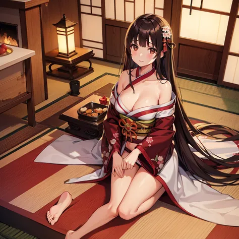 hightquality, hight resolution, Authentic anime sketch style, warm main color, Overhead Camera Angle, Exposing only the stomach and navel, Facing forward, a Beautuful Woman, warm indirect lighting, New Year furisode kimono, japanes, sitting in a traditiona...