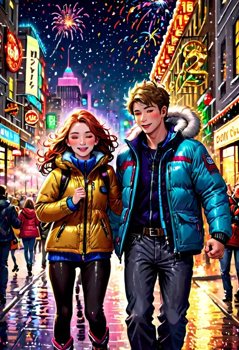 (tmasterpiece),（ultra - detailed:1.3），best quality，(it's snowing)，(young couple wearing down jackets walking hand in hand in the...