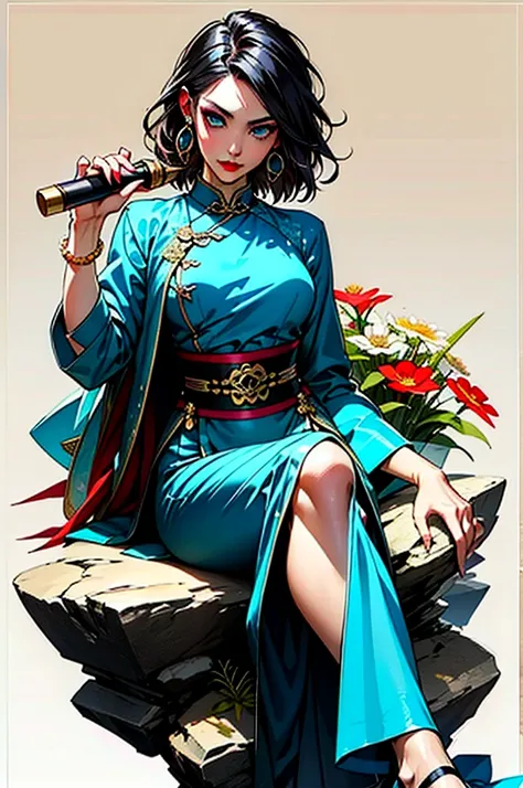 a woman in a white and gold cheongsam, sitting on a rock, elegant full body, makeup, mole, multicolored hair, black hair, look at viewer, Oval face, fine face, Fine eyes, Blue eyes, Detail eyes, Double eyelids, (Pearl earrings:1.2), Highly Detailed Skin Te...