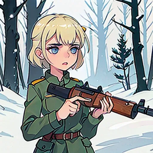 Young short finnish girl, blonde short hair, finnish ww2 uniform, finnish ww2 helmet, webbing, ww2 rifle gun gun on back, winter forrest snowing