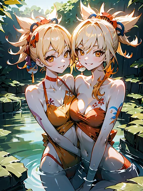 Two girls smiling in the water in the bathtub，No teeth exposed. Female twins， vivd colour，natural  lightting, Best quality, Chest to chest, Wrap your arms around each others waist , sunny masterpiece, Navel Exposed, The face is red, Orange swimsuits holdin...