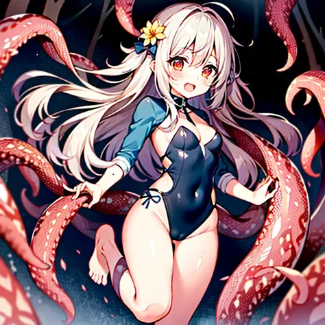 plant tentacraig flower monster　A girl is tangled in tentacles　a girl is floating in the air　Crying expression　Background in the forest　Bound hands and feet　Tentacles are wandering around my crotch　tentacles　Angle from the front