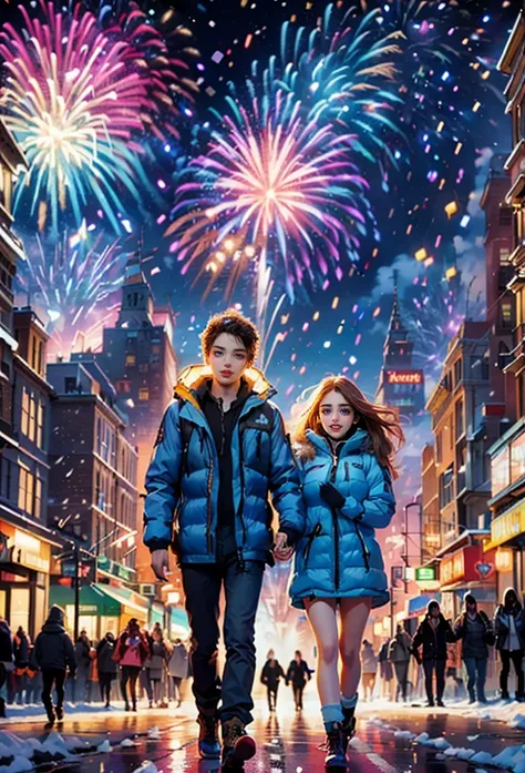 (tmasterpiece),（ultra - detailed:1.3），best quality，(it's snowing)，(young couple wearing down jackets walking hand in hand in the...