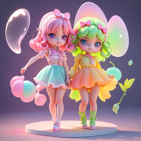 Detailed plastic materials, ((same character, front, side, back)) best quality, (very detailed model), (best quality), octane rendering, ray tracing, very detailed, 3D toys , exaggerated huge hair, little girl (full body) (3D hair, cute hair accessories, (...