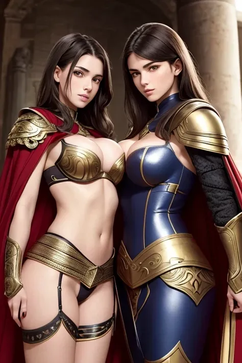 french womens, perfect face, detailed face, sexy, lesbians, warriors roman, using sexy armor with cape full body