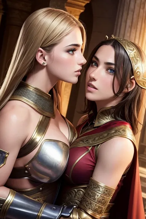 french womens, perfect face, detailed face,  lesbians, warriors roman, using sexy armor with cape, soft lesbians, sexy, full body