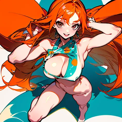 (High resolution), (in 8K), (Extreme Detail), (Best Illustration), (beautiful detail), (Best Quality), (masuter piece), ( Detailed face), Onepiece、Nami、orange color hair、One hand is on his hip、full body nude、Realistic fantasy rendering, Realistic anime gir...