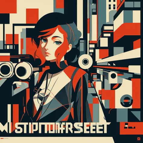 masterpiece, best quality, 1girl, spy movie poster, bauhaus, shapes, lines, abstract