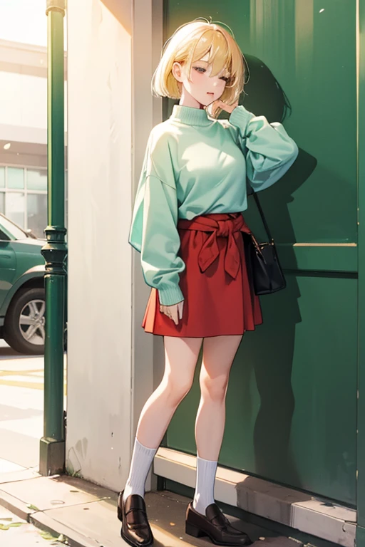 Nicky has blonde hair, with one side of the bangs always covering one of her eyes. She wears a mint green sweater and a red skirt with a blue sweater tied around her waist. She also wears white socks and brown shoes.