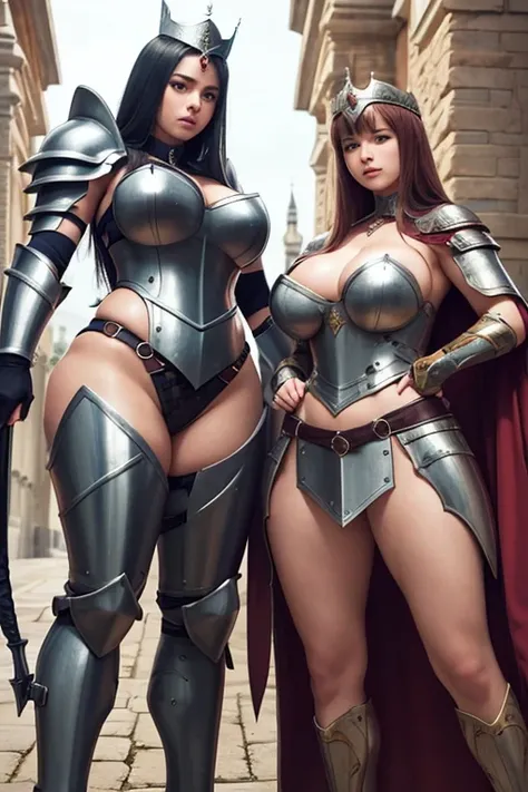 some british womens, curvy, perfect face, detailed face, using armor, queens blade, soft lesbians, full body