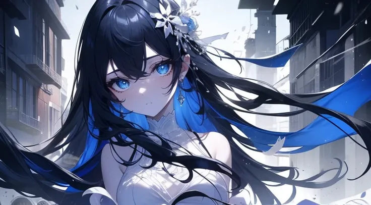 Ultramarine sky、woman with long black hair、Simple white one-piece dress、Slim type、small tits、(Extremely delicate and beautiful: 1.2)、Depression、An expression that hides sadness、Sea of Japan scenery、(​masterpiece, best qualtiy, 超A high resolution), 1girl in...