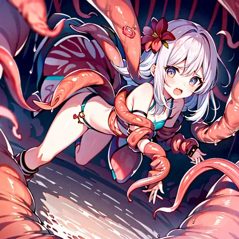 plant tentacraig flower monster　A girl is tangled in tentacles　a girl is floating in the air　Crying expression　Background in the forest　Bound hands and feet　Tentacles are wandering around my crotch　tentacles　Angle from the front