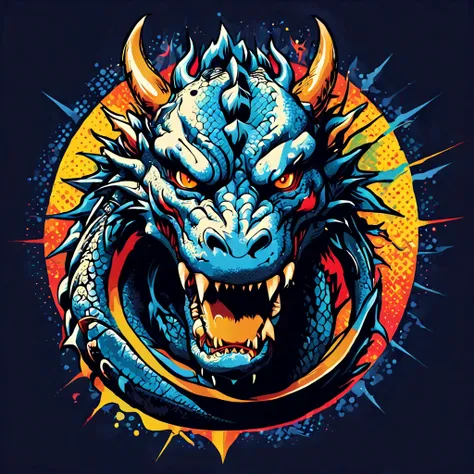 t-shirt design, furious dragon logo,  illustration, pop-art colour, symetric line, straight line vector, t