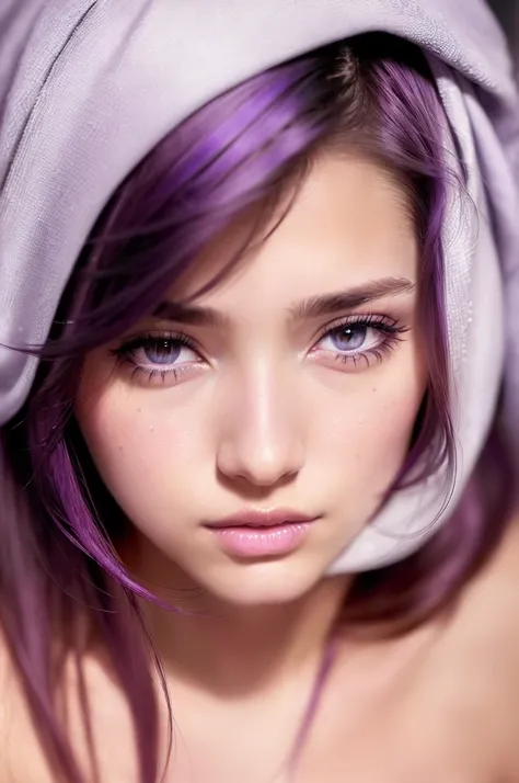 ((Best quality)), ((Ultra Resolution)), ((photorealistic)), (Intricate details), 19 years old, violet hair, Perfect face, makeup: 1.5, Light on the face, Detail of the face, naked, short hair, brunette