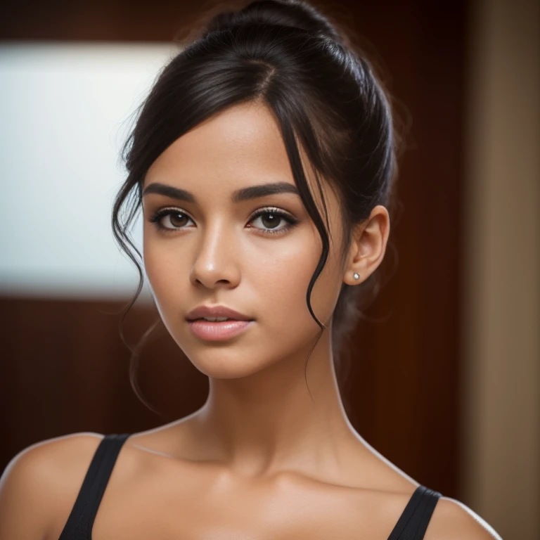 A photorealistic portrait of a insanely beautiful tanned Brazilian young woman with no makeup, mixed race, caucasian, skin is tanned, extremely detailed brown eyes, hair is in a sleek bun, detailed symmetric realistic face, realistic facial proportions, ex...