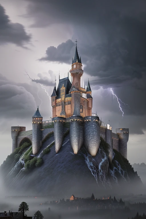 (late afternoon):0.9, (dense atmosphere):0.8, (feeling cold):0.7, (castle):1.2, (medieval):1.1, (storm):1.4, (lightning):1.3, (rain):1.2, (drizzle):1.2, (detailed 8k):1.5.