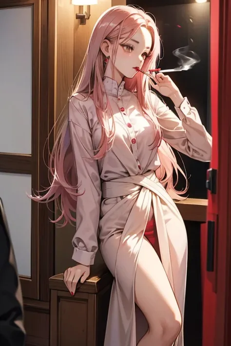 Hina is a tall, slim woman with dark brown eyes and straight, waist-length pink hair worn in a middle part. She wears dark red lipstick and is sometimes seen smoking a cigarette.