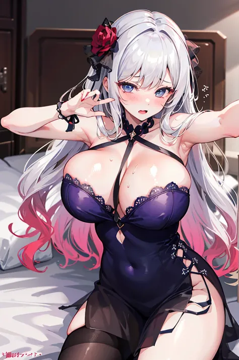 Perfect human body，1 girl，sliver long hair，Red rose hair ornament，鎖骨，((The girl lay on the bed))，Gorgeous lolita dresow knot，((woman with fever)), ((perspiring,steamy))), Colossal tits，((The expression of color)),，(Blushlush:1.2),