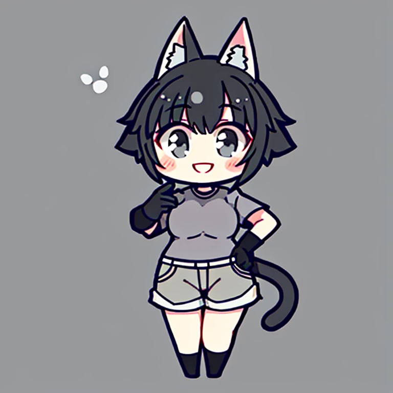 best quality, masterpiece, 1girl, chibi, cat ears, grey shirt, grey skirt shorts, black short hair, grey eyes, long gloves, smile