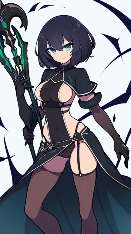 (((Best Quality))) , ((full body)), female, reference sheet, solo, (white background), holding staff, gloves, slit trench skirt, backless,